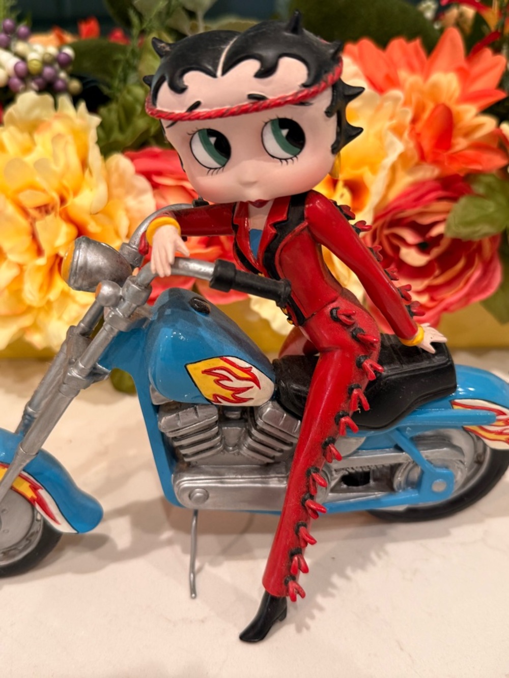 Danbury Mint Betty Boop in Red Outfit on Blue Motorcycle